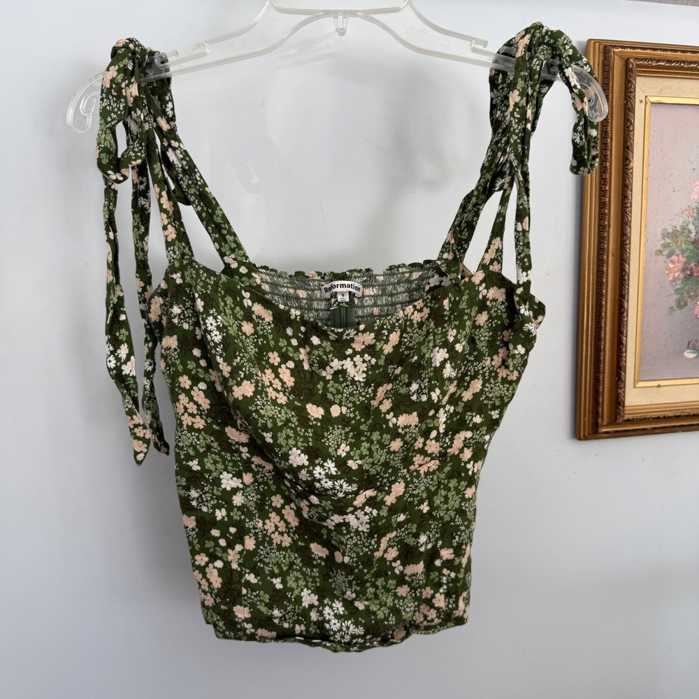 Reformation Ellora Green Floral Tie Strap Smocked Top Size 6 Ditsy - Picture 3 of 6